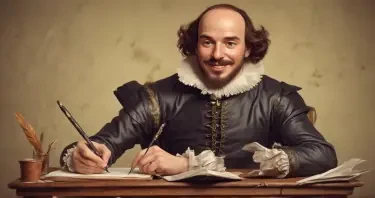 Shakespeare authoring an email on a iPad using a quill pen.