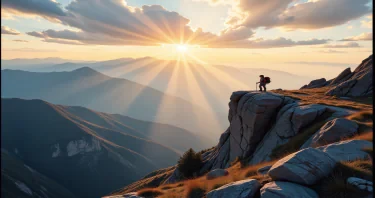 (Fine art photography:1.8, cinematic film:1.8, grainy Polaroid aesthetic:1.4, realistic skin texture:1.9, volumetric light:2.0, warm backlight:1.8, dynamic shadows:1.6) A breathtaking mountain landscape at sunrise, featuring a solitary hiker standing on the edge of a rugged cliff. The view captures an expansive range of rolling hills and peaks in the background, cloaked in a soft layer of morning mist. Warm golden rays of sunlight burst through the clouds, illuminating the scene and creating dramatic contrasts between light and shadow. The foreground showcases jagged rock formations, highlighting the rough terrain and adding depth to the composition. The atmosphere feels serene yet invigorating, embodying a sense of adventure and solitude. The color palette transitions from deep blues and purples in the shadows to vibrant yellows and oranges where the sunlight touches. This composition is suggestive of exploration and connection with nature, recalling the style of classic landscape painting with a modern touch. Ideal for evoking feelings of inspiration and tranquility.