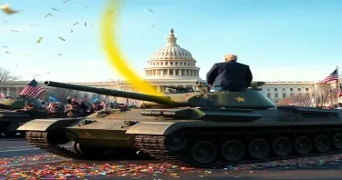 Tank and soldiers parading in front of Capital.  Trump is standing on the tank.  We see him from behind but his head is turned and we see his face.  He is laughing.  He is Peeing on poor people on the ground below. We see the yellow arc raining down on the people. There is confetti