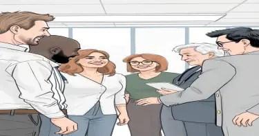 A drawing of a multigenerational group of adult professionals collaborating at a business