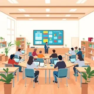 A detailed modern flat vector illustration in clean editorial illustration style showing a full scene inside a contemporary digital classroom environment where collaborative learning is actively taking place through technology. The setting is a spacious, well‑lit interior with visible walls, floor, desks, chairs, shelves, and large digital displays. Multiple students sit or stand around shared tables, each working on laptops or tablets, while a teacher facilitates the process from a central position. The environment must feel dynamic and interconnected, with screens showing shared documents, mind maps, task boards, and real‑time collaborative notes that symbolize how technology makes thinking and decision‑making visible.  Include subtle visual metaphors for teamwork and structured collaboration: overlapping digital windows representing shared ideas, softly glowing connection lines between devices, and color‑coded task elements on a large wall‑mounted display. Show students discussing, pointing at screens, and contributing to a shared workflow, emphasizing that collaboration is organized, transparent, and guided by clear processes rather than spontaneous chatter.  The room should feel warm and inclusive: soft‑colored walls, wooden or neutral flooring, plants, bookshelves, and ambient lighting. The scene must be fully filled edge‑to‑edge with a complete environment, showing a realistic interior space with depth and balance. The illustration should clearly communicate how digital tools support equitable, structured, and meaningful collaborative learning.  Style: modern flat vector illustration, smooth shapes, soft gradients, slight depth, clean editorial design. Color palette: warm neutrals, soft blues, muted greens, gentle oranges for highlights.  CRITICAL: full scene composition with a complete environment. The background must be part of the scene with clearly visible environment elements such as walls and floor or natural surroundings. The image must be fully filled edge-to-edge. Absolutely no white background anywhere in the image. No blank or empty areas. No isolated objects. No floating composition. No transparent background. The background is not a studio backdrop, it is a real environment.  No text, no watermark.