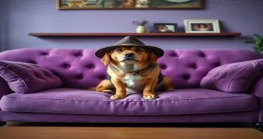 photograph, candid shot, famous randomly purple couch and randomly finished with randomly dogs, center point for a dog wearing a hat, Use camera is Canon EOS 5D Mark IV with a Canon EF 24mm f/1. 4L II USM lens, set at aperture f/2. 8 for a depth of field that highlights the furniture clean lines with rich and many detail, randomly color and finished, soft ambient light, studio light setting, ultra realistic, UHD, many details