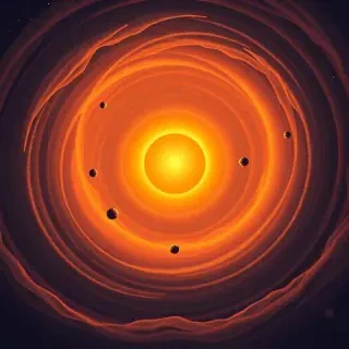 A modern flat vector illustration in editorial illustration style showing the birth of a planetary system inside a vibrant protoplanetary disk, depicted as a full scene composition with a complete environment. The background must fully cover the entire image edge-to-edge and be part of the scene, with swirling cosmic dust, glowing gas streams, subtle nebular walls and layered depth, no white background anywhere, no empty or blank areas, and no isolated elements. The scene shows a young star forming at the center, surrounded by a wide, dynamic disk of dust and gas, where tiny dust grains collide and cluster into pebbles, rocks and emerging planetesimals. Several partially formed protoplanets appear at different distances, some glowing from accretion heat, others still embedded in dense dust lanes. Gentle gravitational spirals and gas flows curve through the disk, visually representing the choreography of early planetary formation. Include hints of migration paths and distant collisions as soft symbolic arcs or motion trails. Use smooth shapes, soft gradients, clean modern geometry and a balanced, detailed composition. The color palette should evoke cosmic creation with deep blues, purples, warm golds, soft oranges and subtle pink nebula tones. The entire scene should feel dynamic yet harmonious, rich in detail, sharp and visually balanced, clearly expressing the mechanisms behind the formation of planetary systems.