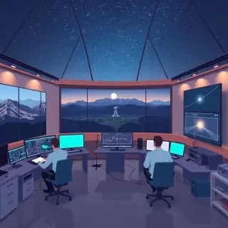 A detailed modern flat vector illustration in clean editorial illustration style showing a full scene inside a high‑tech astronomical observatory control room, where adaptive optics technology is being monitored in real time. The environment is a spacious interior with visible walls, floor, large panoramic windows, and scientific equipment filling the space edge‑to‑edge. Through the windows, a nighttime mountain landscape and a large ground‑based telescope dome are visible under a clear starry sky, emphasizing the connection between the observatory and the atmosphere above.  Inside the room, scientists and engineers work at illuminated control consoles displaying wavefront diagrams, atmospheric turbulence maps, and real‑time correction graphs. A large digital screen on the wall shows a comparison between a blurred star image and a sharp, corrected one, symbolizing how adaptive optics compensates for atmospheric distortion. Include subtle visual metaphors such as gently warped light beams entering from the window and being straightened by a stylized deformable mirror graphic on a monitor.  The interior environment must feel realistic and complete: desks, chairs, cables, softly colored walls, reflective floor surfaces, shelves with instruments, and ambient lighting from screens and overhead lamps. The scene should clearly communicate the measurement–computation–correction cycle of adaptive optics and its revolutionary impact on astronomy.  Style: modern flat vector illustration, smooth shapes, soft gradients, slight depth, clean editorial design. Color palette: deep blues, muted teals, soft purples, warm screen glows, and subtle metallic grays for equipment.  CRITICAL: full scene composition with a complete environment. The background must be part of the scene with clearly visible environment elements such as walls and floor or natural surroundings. The image must be fully filled edge-to-edge. Absolutely no white background anywhere in the image. No blank or empty areas. No isolated objects. No floating composition. No transparent background. The background is not a studio backdrop, it is a real environment.