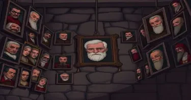 Dozens of noble portraits hang askew, but one (that of a young Hektor’s grandfather) is unmarked by decay and follows the players with its eyes. The portraits should be of the late medieval period and in the likeness of those in the Holy Roman Empire. The artwork should be cartoonish and gothic style.