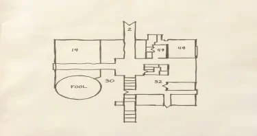 A simple floorplan map with rooms and halls drawn on a scratch parchment paper and labeled with numbers in handwritten script. Some rooms should be round and some containing stairs.
