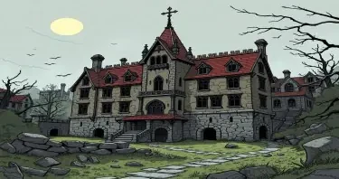 A ruined noble estate in the city of Mordheim drawn in a comic gothic style.