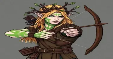 A warhammer fantast wood elf. Tall and blonde with tree branches decorating his hair and his pale white skin painted with green stripes.  With a longbow ready to shoot. Drawn in comic style