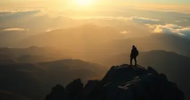 (((Fine art photography:1.8))), ((cinematic film:1.8)), (grainy Polaroid aesthetic:1.4), ((realistic skin texture:1.9)), ((volumetric light:2.0)), (((warm backlight:1.8))), ((dynamic shadows:1.6)) A breathtaking mountain landscape at sunrise, featuring a solitary hiker standing on the edge of a rugged cliff. The view captures an expansive range of rolling hills and peaks in the background, cloaked in a soft layer of morning mist. Warm golden rays of sunlight burst through the clouds, illuminating the scene and creating dramatic contrasts between light and shadow. The foreground showcases jagged rock formations, highlighting the rough terrain and adding depth to the composition. The atmosphere feels serene yet invigorating, embodying a sense of adventure and solitude. The color palette transitions from deep blues and purples in the shadows to vibrant yellows and oranges where the sunlight touches. This composition is suggestive of exploration and connection with nature, recalling the style of classic landscape painting with a modern touch. Ideal for evoking feelings of inspiration and tranquility.
