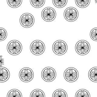 A seamless geometric pattern composed of interlocking circles forming a continuous row. Each circle contains a symmetrical knot like motif with precise, thin black linework. The design is highly structured, mathematical, and evenly spaced, with perfect radial symmetry inside each circle. The overall pattern is horizontally across a rectangular frame on a solid white, light, neutral background. Style: clean vector illustration, crisp lines, no shading, no color variation, uniform stroke weight.