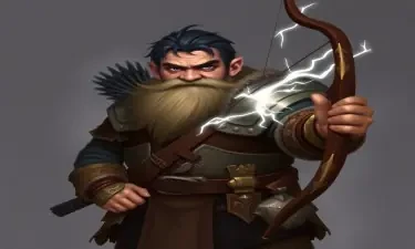 A dungeons and dragons character who is a middle-aged dwarf ranger. He has a wide build, black hair, gray eyes, weilds a magical bow that creates lightning, and wears a mithril breastplate.