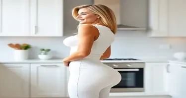 A mature adult woman shown in side profile, standing in a clean, modern kitchen environment. Her body has a highly stylized shape with an extremely narrow waist and maximally developed, smooth, rounded hips that extend outward in a pronounced curve — large and spherical in appearance. Her chest is prominently projected, full, and lifted, balancing the exaggerated lower body proportions. Her abdomen is completely flat and defined, showing zero visible body fat, and her overall physique presents with no visible imperfections — the skin smooth, even-toned, and unblemished from head to toe. She has a compact frame with short limbs and a visibly larger head-to-body ratio. Her facial features include clear blue eyes, long enhanced eyelashes, a small refined nose, full shaped lips, straight bright white teeth, and a well-defined, forward-projecting jawline. Her cheeks are full, lifted, and symmetrically sculpted. Her long, thick blonde hair is styled neatly with exceptional volume and shine. She is dressed in tightly fitted, formal business clothing — specifically a pristine white tailored blazer and a matching white skirt, both cut to contour exactly to her figure and emphasize her silhouette. The lighting is soft and ambient, casting smooth shadows and subtle highlights across her form. The background includes modern kitchen elements such as marble countertops, minimalist cabinetry, and high-end appliances. The image is photorealistic and high resolution, with strong focus on her flawless presentation, anatomical proportions, and the interplay of purity, precision, and visual contrast between elegance and domesticity.