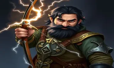 A fifth-edition dungeons and dragons character who is a middle-aged dwarf ranger. He has black hair, gray eyes, weilds a magical bow that creates lightning, and wears a mithril breastplate.