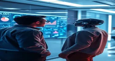 a futuristic but realistic office or workspace where humans and AI work together. A human analyst reviews complex data on a transparent screen while an AI assistant highlights patterns in real time.