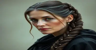 create a picture of the Lady Archmage with the following description: The Lady Archmage is a striking woman in her late fifties or early sixties, with the kind of presence that demands silence without raising her voice. Her age is visible only in the silver streaks woven through her deep chestnut hair, which she keeps elegantly tied back in a coiled braid adorned with small arcane pins — each one humming faintly with contained power. Her posture is impeccably straight, regal but not haughty, as though the weight of centuries of magical tradition rests easily on her shoulders.  Her skin is pale olive, smooth and largely unlined, but there is a sharpness to her high cheekbones and jaw that gives her a look of permanent vigilance. Her eyes are a soft gold, unusual and arresting — not glowing with magic, but reflecting it somehow, as if the arcane world sees through her as much as she sees through it. They’re the eyes of someone who knows more than she says — and says just enough to shape the course of events.  She wears the midnight-blue robes of her station, lined with subtle runes that shimmer only when viewed out of the corner of one’s eye. The sleeves and hem bear embroidered constellations, suggesting a specialization in high-order magic, divination, or cosmic lore. Her robes are unadorned by gold or jewelry — save for a single pendant of black crystal, suspended on a silver chain at her throat. Its purpose is unclear, but it pulses faintly when she’s agitated.  She walks with a long staff of ivory-colored wood inlaid with thin veins of silver. Unlike the staves of younger mages, hers has no visible gem, only a smooth spiral at the top — a focus carved from restraint, not showmanship. She rarely leans on it, but those who have seen her in battle know it's not just a ceremonial accessory.  Her voice is even, low, and endlessly composed. She speaks with the precise diction of a lifelong scholar and the natural authority of a ruler — though she never flaunts either. She doesn’t need to. In council chambers or classrooms, people listen when she speaks — not out of fear, but because she always seems to be five steps ahead.  Though she exudes calm, there's a fierce clarity to her presence, as if she’s constantly choosing not to reveal the full extent of her power. Those who have crossed her — especially on matters of principle — often find themselves disarmed not by wrath, but by the cutting weight of her disappointment.