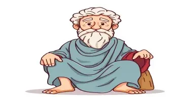 a cartoon drawing of Aristotle sitting down and sharing his ideas facing the front. this is for a children's book so make him likeable for a child to view.