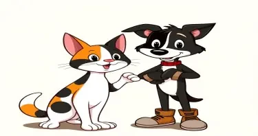 “In vintage 1930s rubber hose cartoon style, with retro colors: a half-black faced Border Collie (right side of the face is mostly black) wearing big gloves and shoes, standing next to a slightly chubby tri-color cat (black, white, and orange fur). Both characters have exaggerated expressions, bouncy rubbery limbs, and the charm of old-school animated cartoons.”