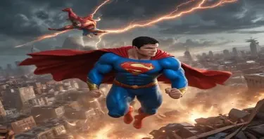 A high-resolution, ultra-detailed illustration of Superman and Captain Marvel (Shazam) engaged in an epic aerial battle above a destroyed cityscape at dusk. Superman, in his iconic blue suit and red cape, unleashes heat vision with fierce intensity, while Shazam counters with a powerful magical lightning strike from his glowing hands. The sky is dark and stormy, lit by lightning flashes and debris flying from collapsed skyscrapers below. Both heroes look determined and battle-worn, muscles tense, capes torn. The energy and power around them distorts the air. Comic book style with dynamic lighting, motion blur, and dramatic shadows. Epic showdown, explosive energy, heroic proportions.
