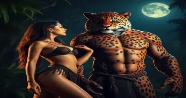 A mysterious beautiful female Druid wearing an animal skin bikini standing side to the camera facing a powerful humanoid leopard man. Her hand is resting on his chest. They are in a jungle clearing on a moonlit night.