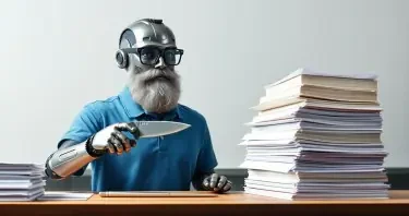 A metal robot with a thin beard that is partially grey, wearing eye glasses and a blue polo shirt is standing at a cooks chopping table facing forward. On his right are a pile of bound notebooks. On his left is a smaller pile of neatly stack paper. He is holding a Multi-Function knife, like a Swiss Army knife or a Leatherman multi tool, in his left hand and a binder from the pile on his right in his right hand. The stack of binders is higher than the stack of papers. His hands are in a blur, indicating he is reducing the binders to simple paper very quickly.