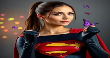 Beautiful Mexican American woman with thin, long face, hazel eyes, large full lips and long brown hair in a ponytail, wearing a Supergirl costume, covering full body, no cleavage with black fingerless gloves, with her right hand up in a tight fist, turned slightly to the left, at right side of image with 1 inch of space to left of woman, with small multi-colored led lights behind her. Two butterflies on each side of her, with 1 inch of space above woman.