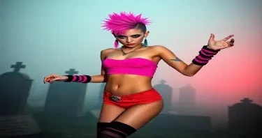 Create a photorealistic image of a punk-inspired girl with bright hair and dramatic makeup, wearing leg warmers and dancing confidently in a foggy, cemetery-like setting, inspired by the character Trash from Return of the Living Dead. Ensure she is wear8ng a super short crop top with lots of underboob displayed.  She has a very short spiked haircut just slightly longer than a buzz cut