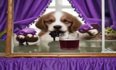 Puppy drinking grape juice, the band Creed, purple, grass curtain, vagina, mirror