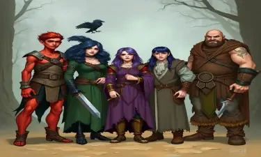 A five member dungeons and dragons adventuring party consisting of: A red-skinned thin male elven bard, an adrogynous female half-elf cleric/warlock wearing chainmail with a shadow raven familiar,  a curvy female half-elf warlock with purple hair wearing robes, a short but wide male dwarven ranger, and a very tall male half-giant barbarian/paladin.