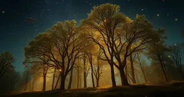 a far away land where trees are people and people are trees, frozen in place and their hair the equivellent of leaves. lots of spaceships fly around and fireflies light up the night sky