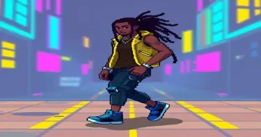 Generate a 16 bit pixel tileset of a 2d cyberpunk male with dreadlocks. TIleset should include a walking, running, jumping, and standing animation.