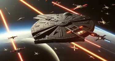The millenium falcon in a dogfight with tie interceptors and tie fighters in space with a planet below. a x-wing squadron fights in the background. laser fire all around