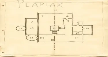 A simple floorplan map with rooms and halls drawn on a scratch parchment paper and labeled with numbers in handwritten script. Some rooms should be round and some containing stairs.