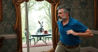 Start with a scenario of Alice though the Looking Glass where Alice is chasing the rabbit through the mirror to the Mad Hatter’s tea party. Except instead of Alice it is a man with salt-and-pepper hair—distinctly mixed black and grey—and a thin beard, wearing a blue polo shirt and khaki shorts running towards an ornate, vintage full-length mirror, clearly about to run through it to the other side. The mirror is at a 15 degree angle from the viewer so that it is clear the man is about to run through the mirror. The mirror is clearly a magical portal. The man is chasing a steam-punk style robot rabbit with visible gears and metallic features, which is already on the other side of the mirror. Through the mirror, the scene transforms into a whimsical forest clearing with dappled sunlight. In the clearing, a table is set for tea, featuring an oversized teapot and a large, extravagant top hat beside it. The overall atmosphere is vibrant, surreal, and storybook-like, emphasizing the contrast between the ordinary room and the fantastical tea party in the forest.