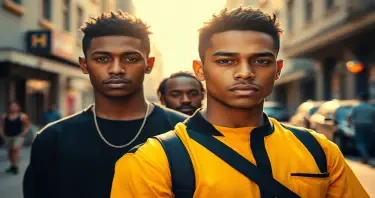 ((Fine art photography:1.8)), ((cinematic film:1.8)), (((grainy Polaroid aesthetic:2.2))), ((realistic skin texture:1.8)), ((volumetric light:2.0)), ((warm backlight:1.8)),(( dynamic shadows:1.6))  In this vibrant scene, three young men stand confidently in an urban environment, exuding a sense of camaraderie and attitude. The foreground features two men: one in a striking yellow shirt with black accents, showcasing a smooth expression that conveys determination, and the other in a dark outfit, sporting casual streetwear and a composed demeanor. A third figure, slightly behind, adds depth to the composition, creating a visual dynamic. The background captures a sunlit street with soft bokeh effects, emphasizing the subjects while hinting at the lively neighborhood. Soft, diffused lighting highlights their facial features, casting gentle shadows that accentuate their expressions. The overall mood is assertive yet relaxed, reminiscent of classic 90s street culture. The color palette includes bold contrasts between the men's clothing and the cooler background tones, offering a striking visual appeal. The composition balances the figures and maintains focus on their interactions and individual personalities. References to urban films of the era inspire the style, enhancing the nostalgic yet modern feel of the imagery.