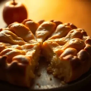A realistic image of a warm apple pie with a slice cut out, soft golden backlighting