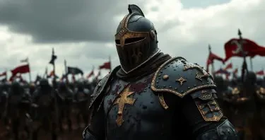 A knight in a suit of shining black and gold armour covered in mud and splattered blood. Highly detailed. In the background, medieval soldiers are at war. The sky is dark and cloudy.