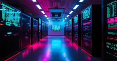 A Server room with dimmed light, screens with matrix-like content.