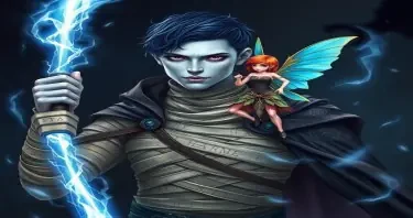 a pale grey skinned Doppelganger with short blue-black hair, black eyes, grey irises, thin lips, no nose. their torso covered in mummy bandages that are etched in multicolor runes. one shoulder draped in a ornate almost black cloak. they are wielding magical energy gripping in one hand an entwining elongated shaft of blue and white light. standing upon his shoulder is a very tiny redheaded female sprite with iridescent wings, wearing a corset and skirt made of leaves and vines holding a ornate recurve bow