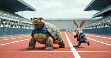 A Tortoise is calmly crossing the finish line of a track race. The Tortoise has a thin beard, is wearing glasses, and is wearing a polo shirt that covers the top half of his shell. Behind the Tortoise is a Rabbit. The Rabbit is falling and looks terrified. The rabbit is carrying scissors. The rabbit is wearing a suit. The stands around the track are occupied with humaniform robots.