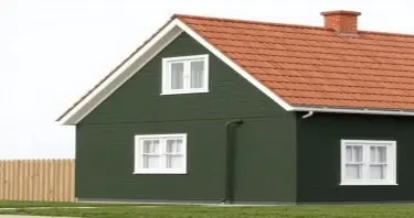 dark olive drab green house with light brown roof