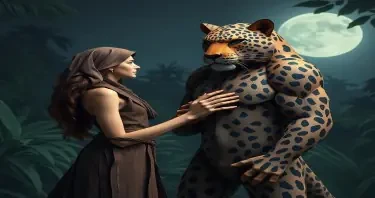 A mysterious beautiful female Druid wearing an animal skin standing side to the camera facing a powerful humanoid leopard man. Her hand is resting on his chest. They are in a jungle clearing on a moonlit night.