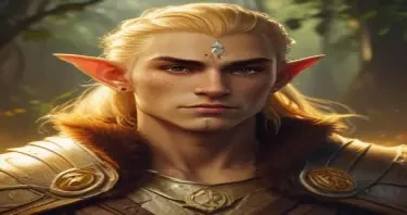A fifth-edition dungeons and dragons characer who is a young male eladrin druid with golden, slightly glowing skin, a low strength.