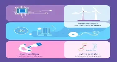 Stwórz nowoczesną grafikę wektorową w stylu flat design, podzieloną na trzy poziome sekcje. Użyj kolorystyki: granatowy, zieleń, akcenty żółci i bieli. Każda sekcja prezentuje inny obszar technologii wspieranych przez UE w ramach STEP: – pierwsza sekcja: ikona mikrochipu i liścia (cyfrowe + zielone technologie) – druga sekcja: turbina wiatrowa i mikroskop (OZE + nauki przyrodnicze) – trzecia sekcja: helisa DNA i sylwetka instytucji (biotechnologie + wsparcie UE) Bez żadnych napisów. Układ symetryczny, estetyczny, profesjonalny, z naciskiem na symbolikę innowacji i rozwoju. Na obrazie nia ma być żadnych napisów