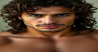Sexy man with curly long hair and short stubble. He is in his twenties. he has thick lips. He is toned but not overly muscular. Aggressive look. Arabic features.