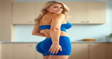 A sexually mature adult woman shown in side profile, standing in a clean, modern kitchen environment. Her physique reflects peak adult femininity — an extremely narrow waist contrasted by a full, lifted chest and prominently rounded glutes. Her chest is forward-projecting, full, and shaped with soft anatomical realism, creating a natural contour beneath the fabric. Her glutes extend backward with sculpted volume, smooth and rounded, drawing curvature through the hipline. Her abdomen is flat and defined, contributing to the hourglass silhouette. Her face is the visual anchor of the scene — clear blue eyes, long enhanced lashes, a small refined nose, full lips with subtle asymmetry, straight white teeth, and a well-proportioned, projecting jawline. Fine lines and natural cheek volume reflect graceful aging, conveying calm sensuality and confidence. Her long, thick blonde hair is styled with volume, falling behind her back in soft layers. She is dressed in a tightly fitted blue dress — cut to accentuate her bust, waist, and hips — clinging naturally to her contours without artificial exaggeration. The lighting is soft and ambient, casting subtle highlights across her chest, lower back, and facial planes. The background includes modern kitchen elements such as clean countertops and sleek cabinetry. The image is photorealistic and high resolution, with deliberate visual emphasis on her facial features, the curve and projection of her chest, and the definition of her glutes — harmonizing mature beauty, posture, and physicality.