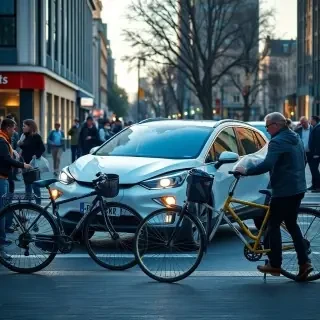 Accident between an electric car and a bicycle in city center, people collecting items, daylight