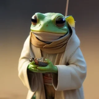 a jedi frog holding a fly