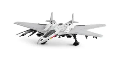 Chinese, Chengdu J-20 style, laterally symmetrical, Macross Valkyrie, Gerwalk Mode, with arms & GU-11 Gun Pod,on a white background