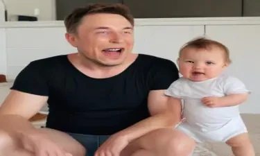 Elon musk in a diaper crying as a toddler with an adult face