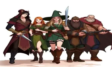 A five-member dungeons and dragons adventuring party consisting of: An male elven rogue/bard, a female half-elf cleric/warlock, a female half-elf sorceror/warlock, a male dwarven ranger, and a male half-giant barbarian/paladin.